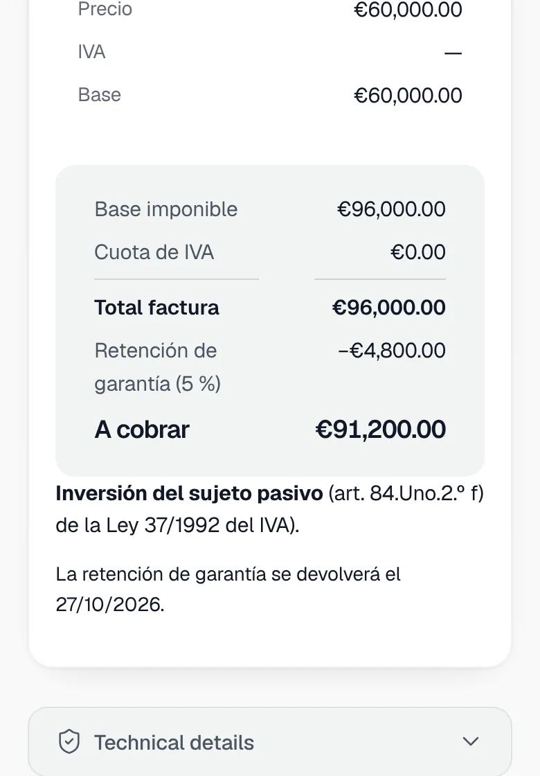 Invoice A-3 with reverse charge in the panel, on a phone