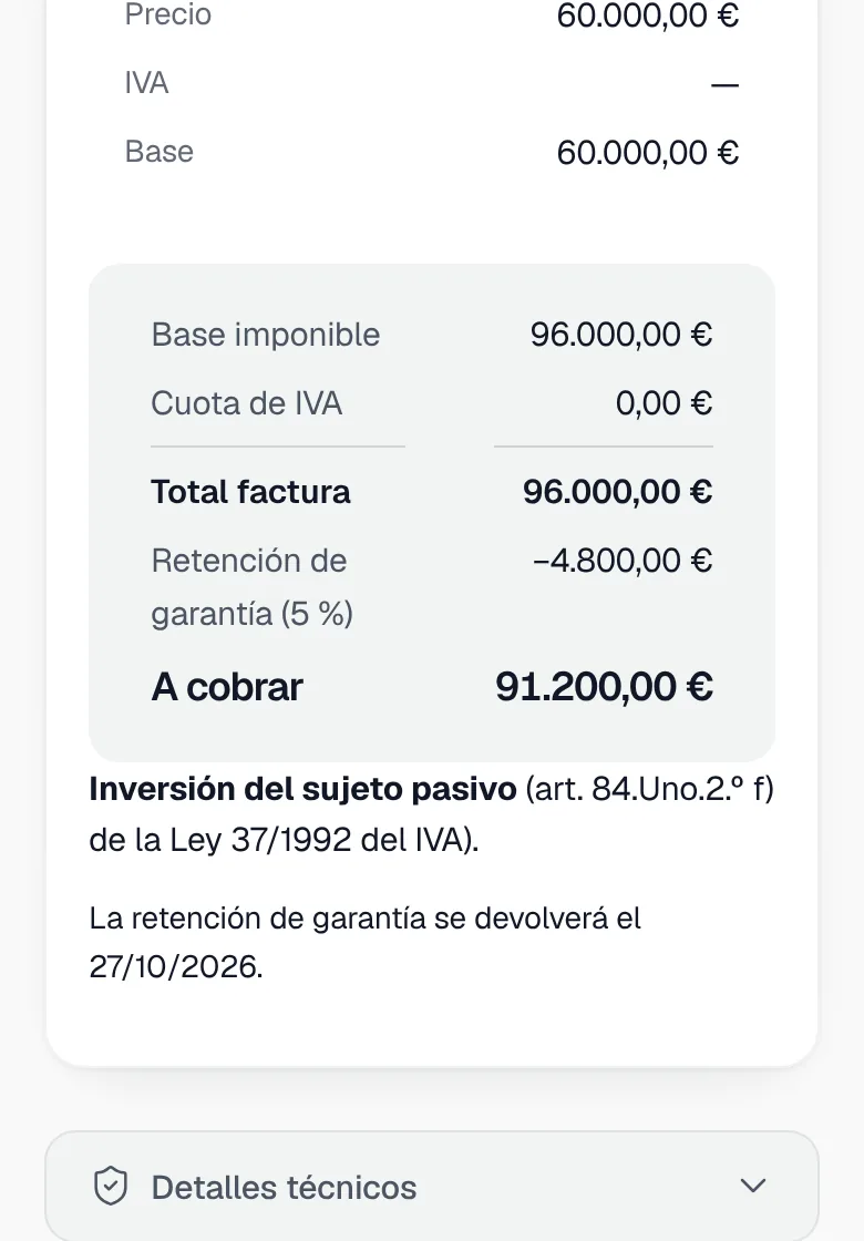 Factura A-3 con inversión del sujeto pasivo en el panel, en el móvil