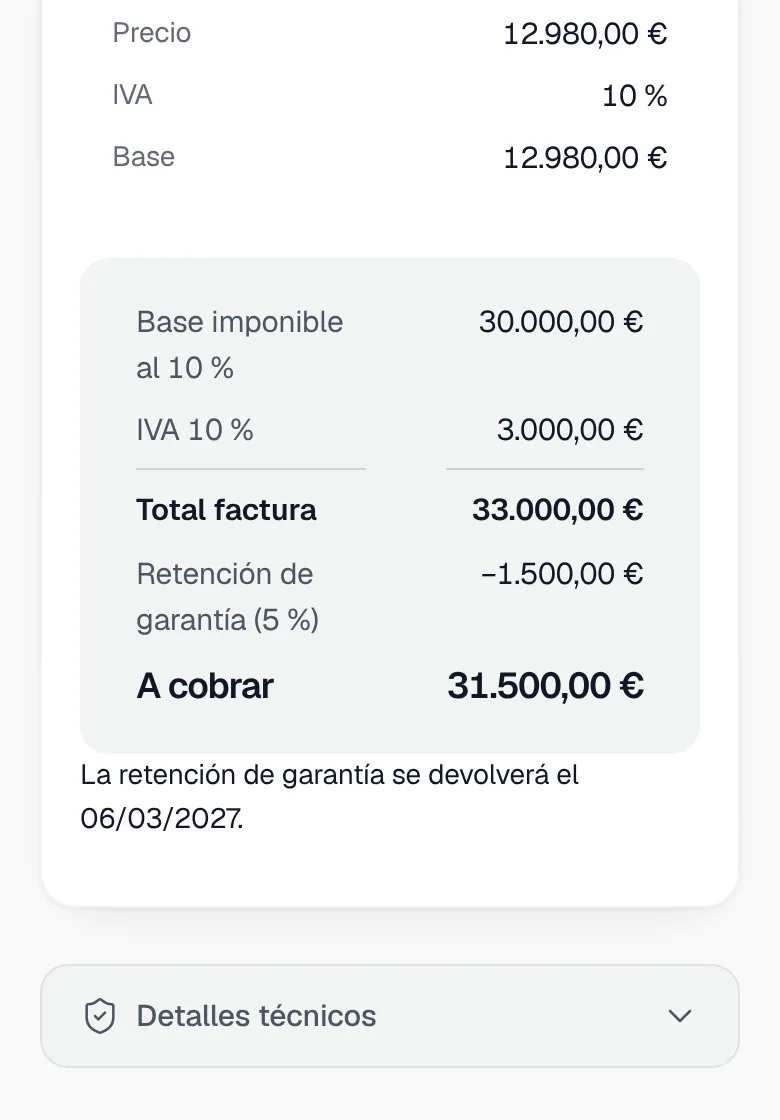 Factura A-2 con IVA del 10 % en el panel, en el móvil