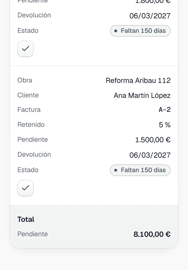 Retenciones de garantía en el panel, en el móvil