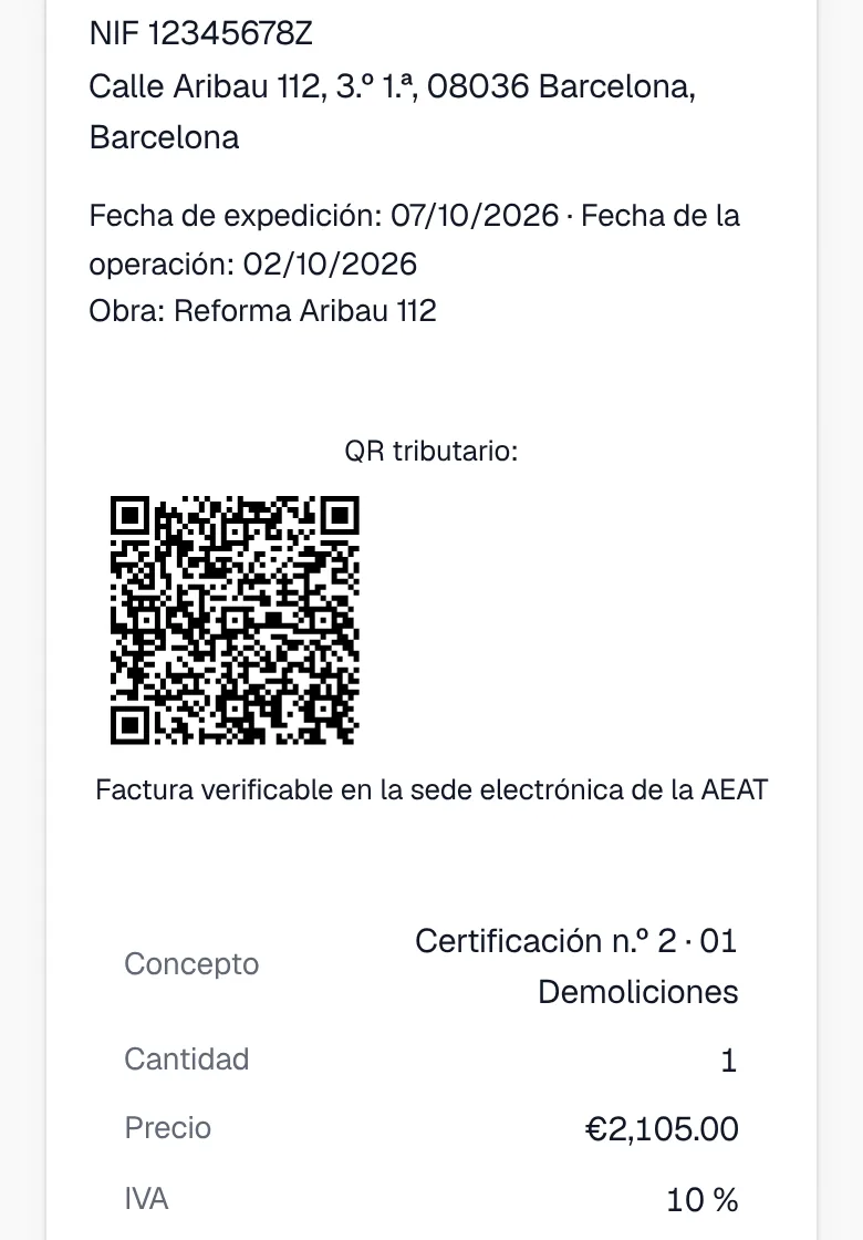 Invoice A-2 with its QR code and Verifactu record in the panel, on a phone