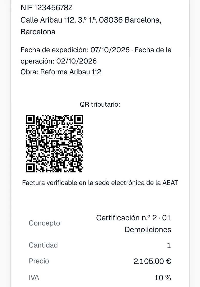 Factura A-2 con su QR y su registro de Verifactu en el panel, en el móvil
